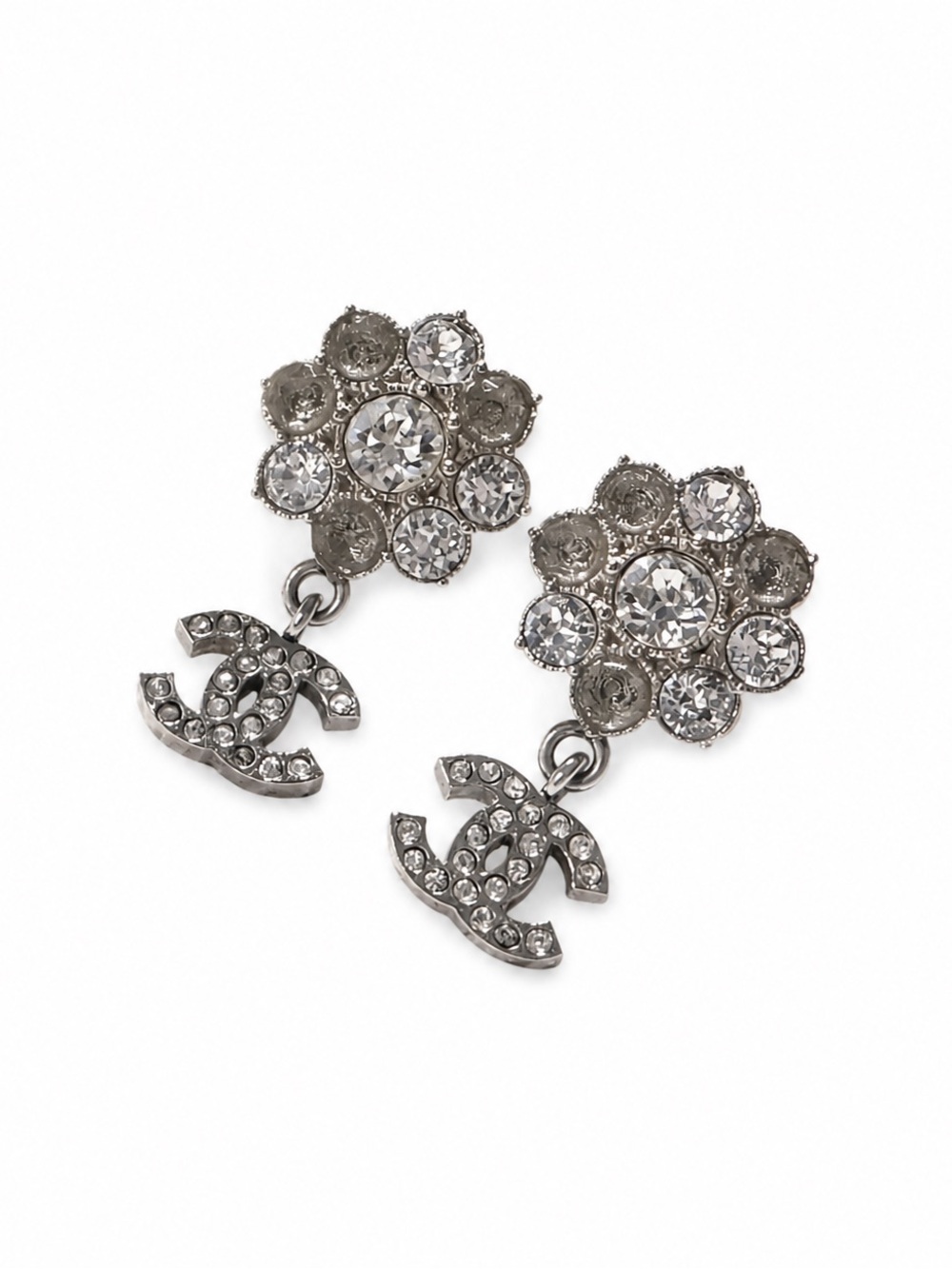 Chanel Crystal CC Flower Dangle Earrings Gold Beige
